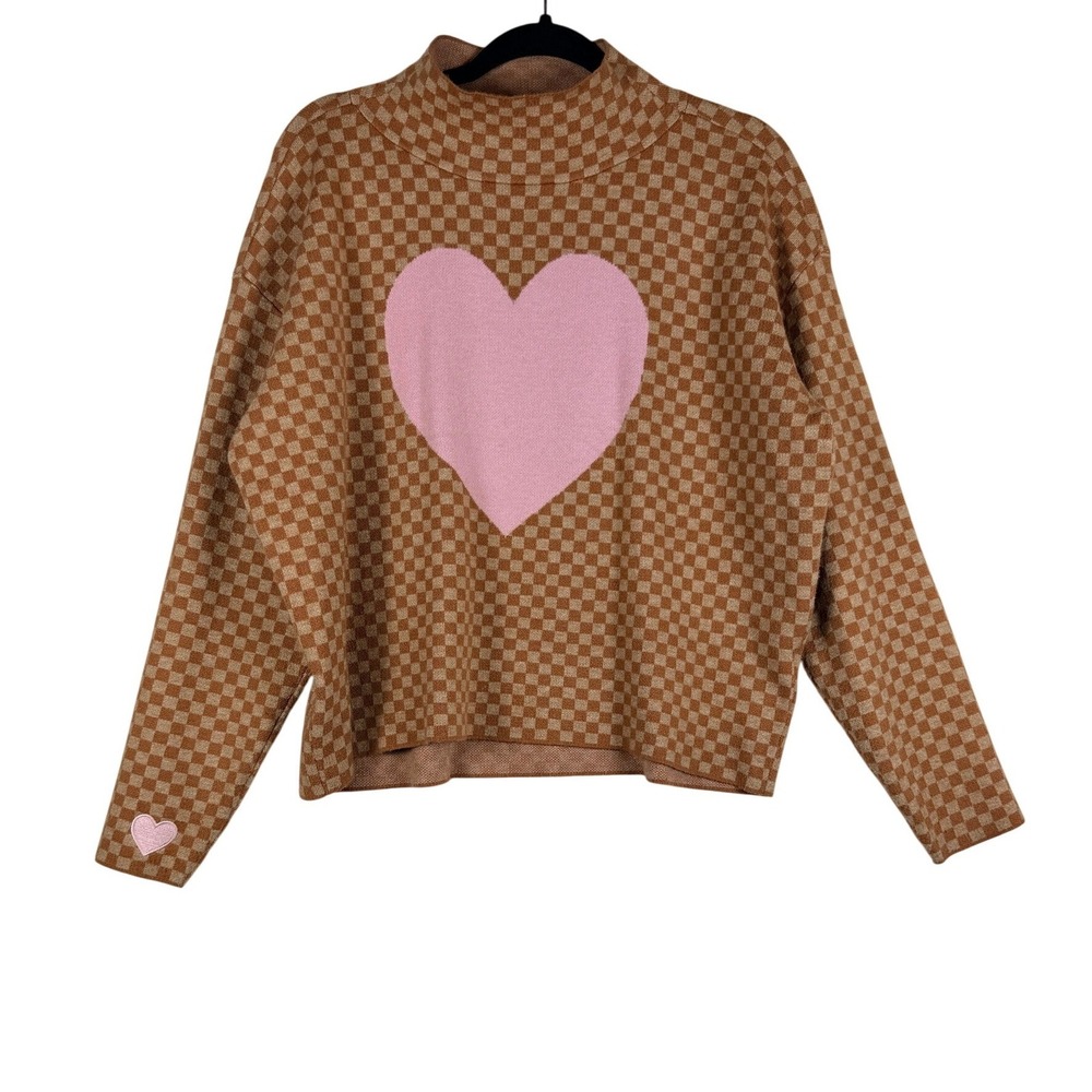 Maeve Anthropologie Checkered Heart Carys Mock Neck Sweater Brown Pink S Preppy